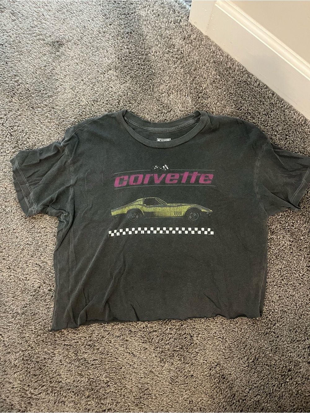 American Eagle Outfitters Black Crop Tee with Pink Logo and Yellow Car Graphic